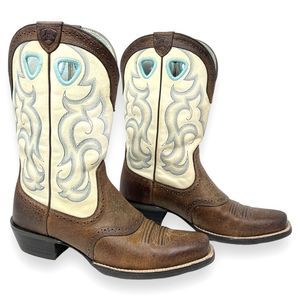 Ariat Rawhide Square Toe Earth Cream Leather Blue Stitching Western Boots 8.5